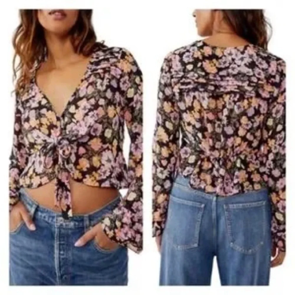 Free‎ People Maybel Blouse Top Black Combo Sz XS